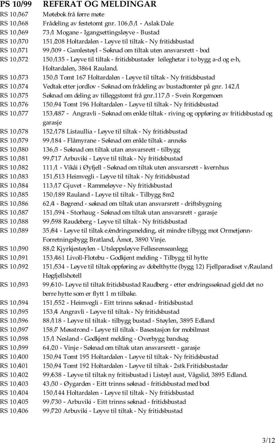 ansvarsrett - bod RS 10/372 150/135 - Løyve til tiltak - fritidsbustader leileghetar i to bygg a-d og e-h, Holtardalen, 3864 Rauland.