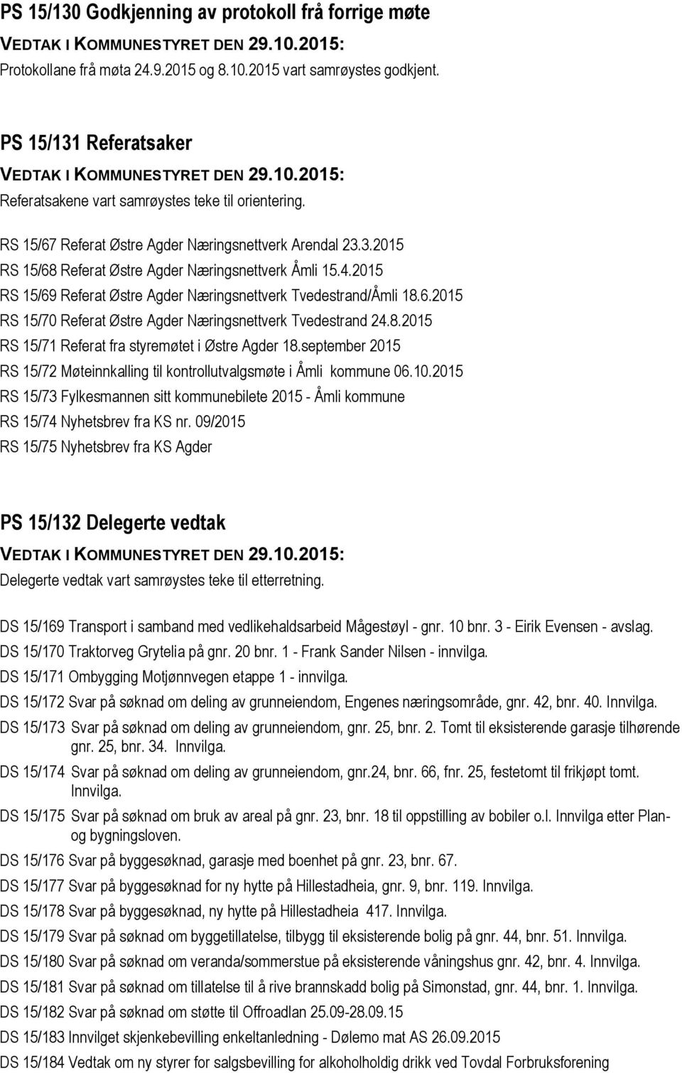 8.2015 RS 15/71 Referat fra styremøtet i Østre Agder 18.september 2015 RS 15/72 Møteinnkalling til kontrollutvalgsmøte i Åmli kommune 06.10.