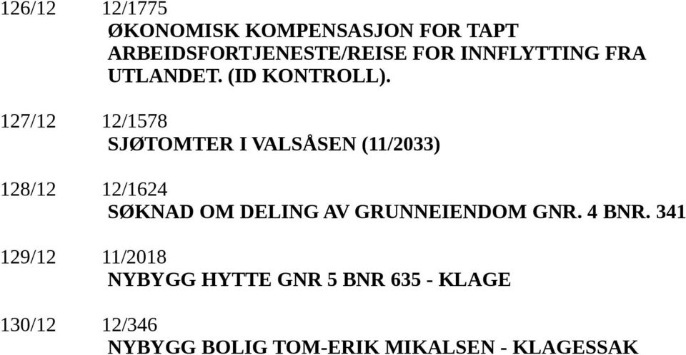 127/12 12/1578 SJØTOMTER I VALSÅSEN (11/2033) 128/12 12/1624 SØKNAD OM DELING AV