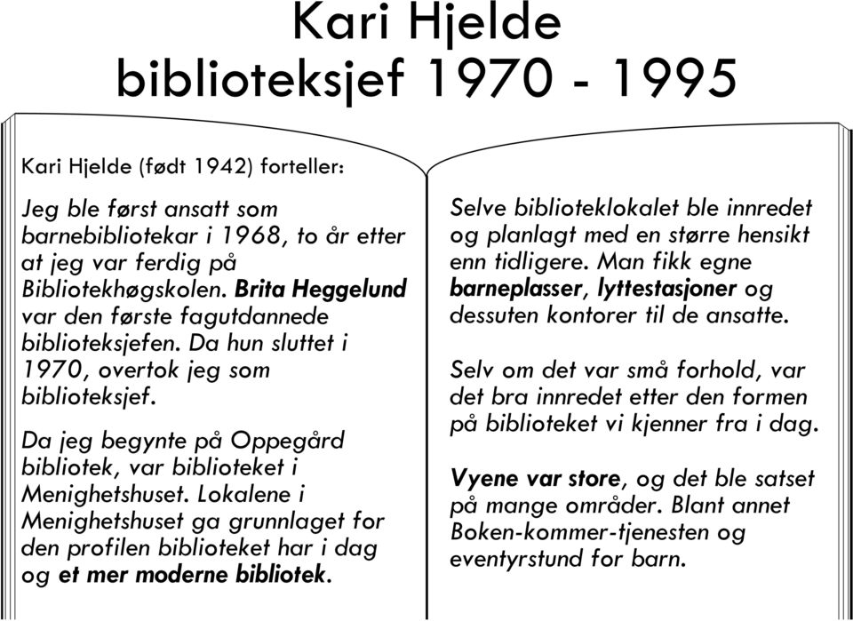 Lokalene i Menighetshuset ga grunnlaget for den profilen biblioteket har i dag og et mer moderne bibliotek. Selve biblioteklokalet ble innredet og planlagt med en større hensikt enn tidligere.