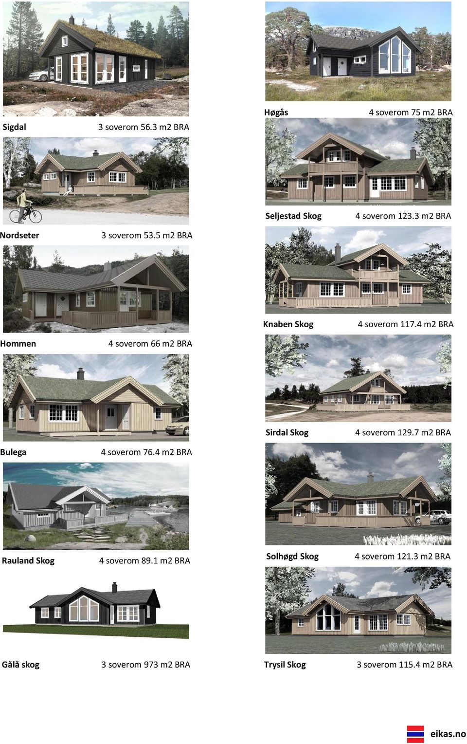 4 m2 BRA Hommen 4 soverom 66 m2 BRA Sirdal Skog 4 soverom 129.7 m2 BRA Bulega 4 soverom 76.