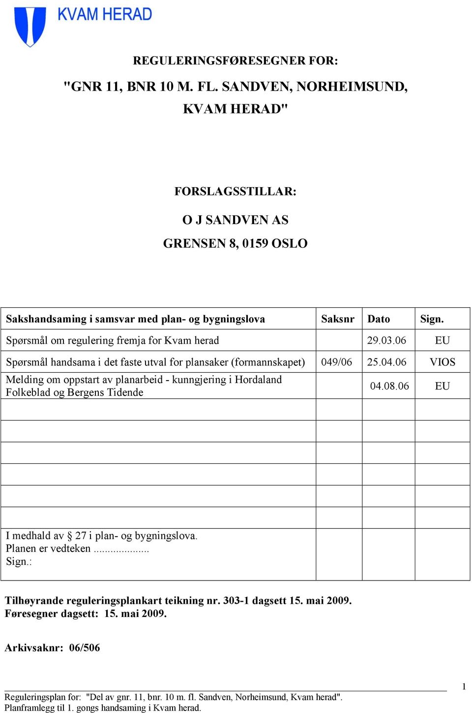 Spørsmål om regulering fremja for Kvam herad 29.03.06 EU Spørsmål handsama i det faste utval for plansaker (formannskapet) 049