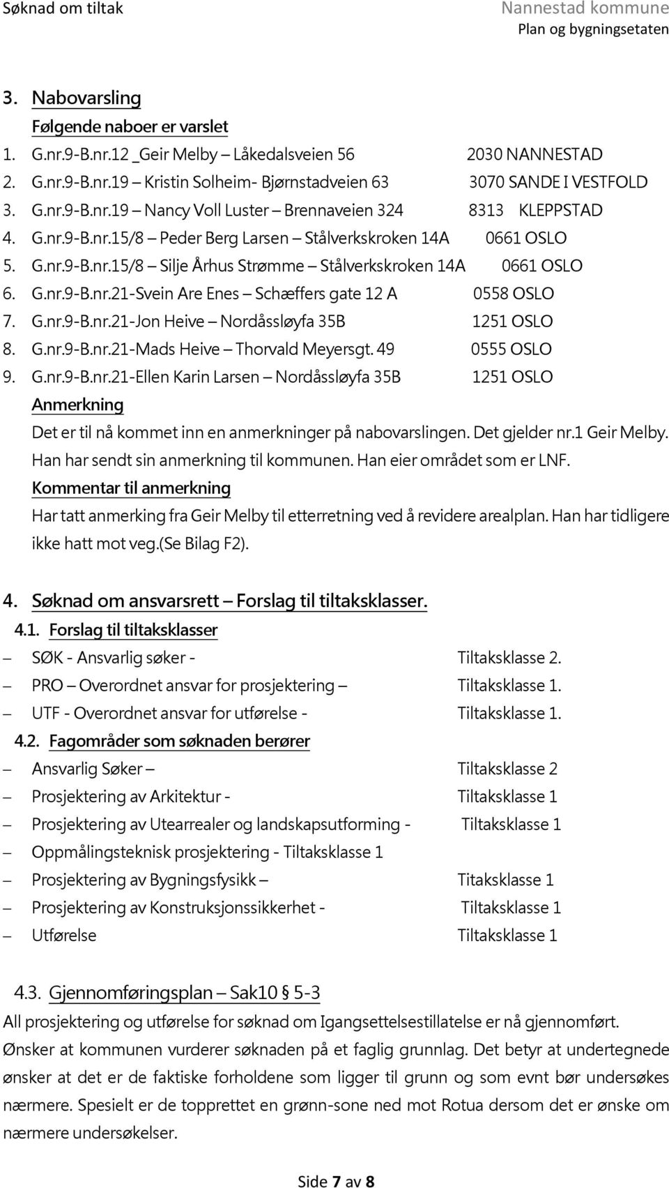 G.nr.9-B.nr.21-Jon Heive Nordåssløyfa 35B 1251 OSLO 8. G.nr.9-B.nr.21-Mads Heive Thorvald Meyersgt. 49 0555 OSLO 9. G.nr.9-B.nr.21-Ellen Karin Larsen Nordåssløyfa 35B 1251 OSLO Anmerkning Det er til nå kommet inn en anmerkninger på nabovarslingen.