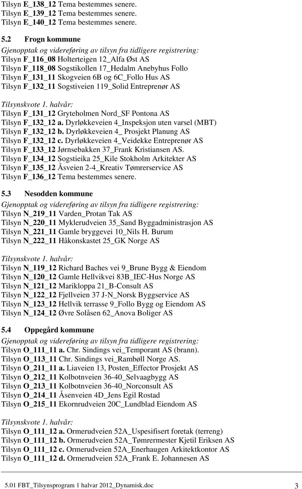 Entreprenør AS Tilsyn F_131_12 Gryteholmen Nord_SF Pontona AS Tilsyn F_132_12 a. Dyrløkkeveien 4_Inspeksjon uten varsel (MBT) Tilsyn F_132_12 b. Dyrløkkeveien 4_ Prosjekt Planung AS Tilsyn F_132_12 c.