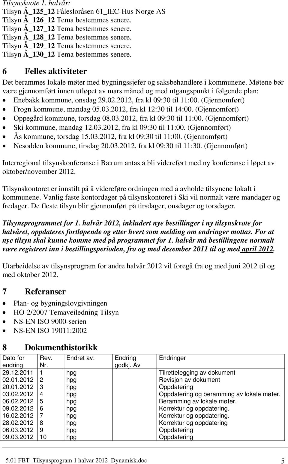 Møtene bør være gjennomført innen utløpet av mars måned og med utgangspunkt i følgende plan: Enebakk kommune, onsdag 29.02.2012, fra kl 09:30 til 11:00. (Gjennomført) Frogn kommune, mandag 05.03.