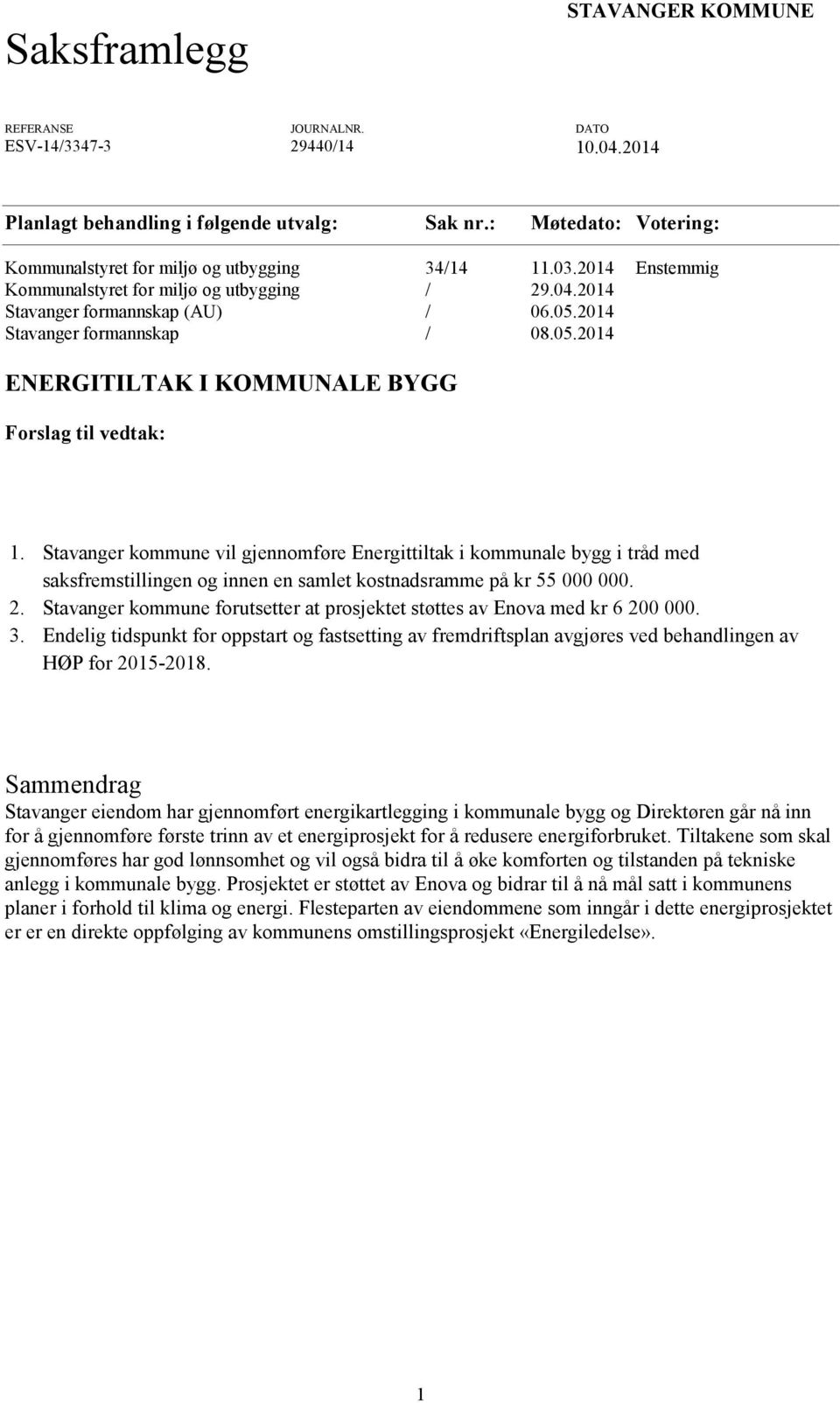 2014 Stavanger formannskap / 08.05.2014 ENERGITILTAK I KOMMUNALE BYGG Forslag til vedtak: 1.
