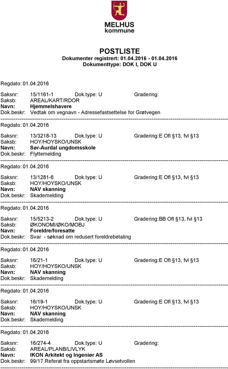 beskr: Skademelding Saksnr: 15/5213-2 Dok.type: U Gradering:BB Ofl 13, fvl 13 Saksb: ØKONOMI/ØKO/MOBJ Navn: Foreldre/foresatte Dok.