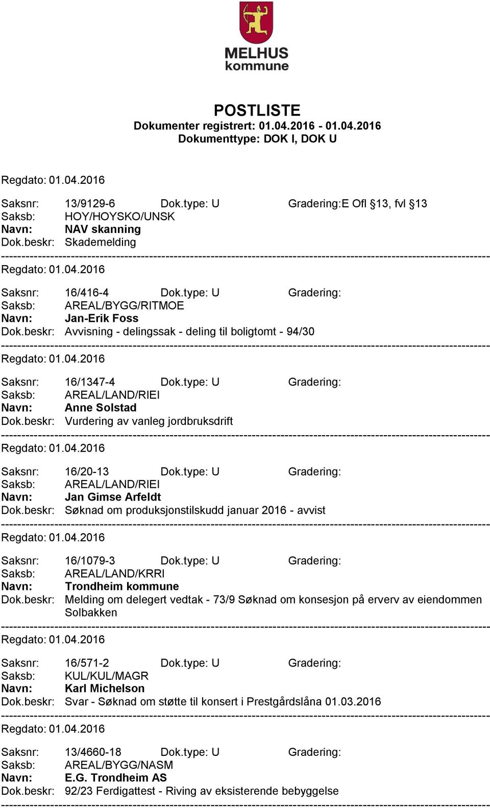 beskr: Vurdering av vanleg jordbruksdrift Saksnr: 16/20-13 Dok.type: U Gradering: Saksb: AREAL/LAND/RIEI Navn: Jan Gimse Arfeldt Dok.