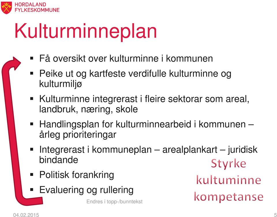 skole Handlingsplan for kulturminnearbeid i kommunen årleg prioriteringar Integrerast i kommuneplan