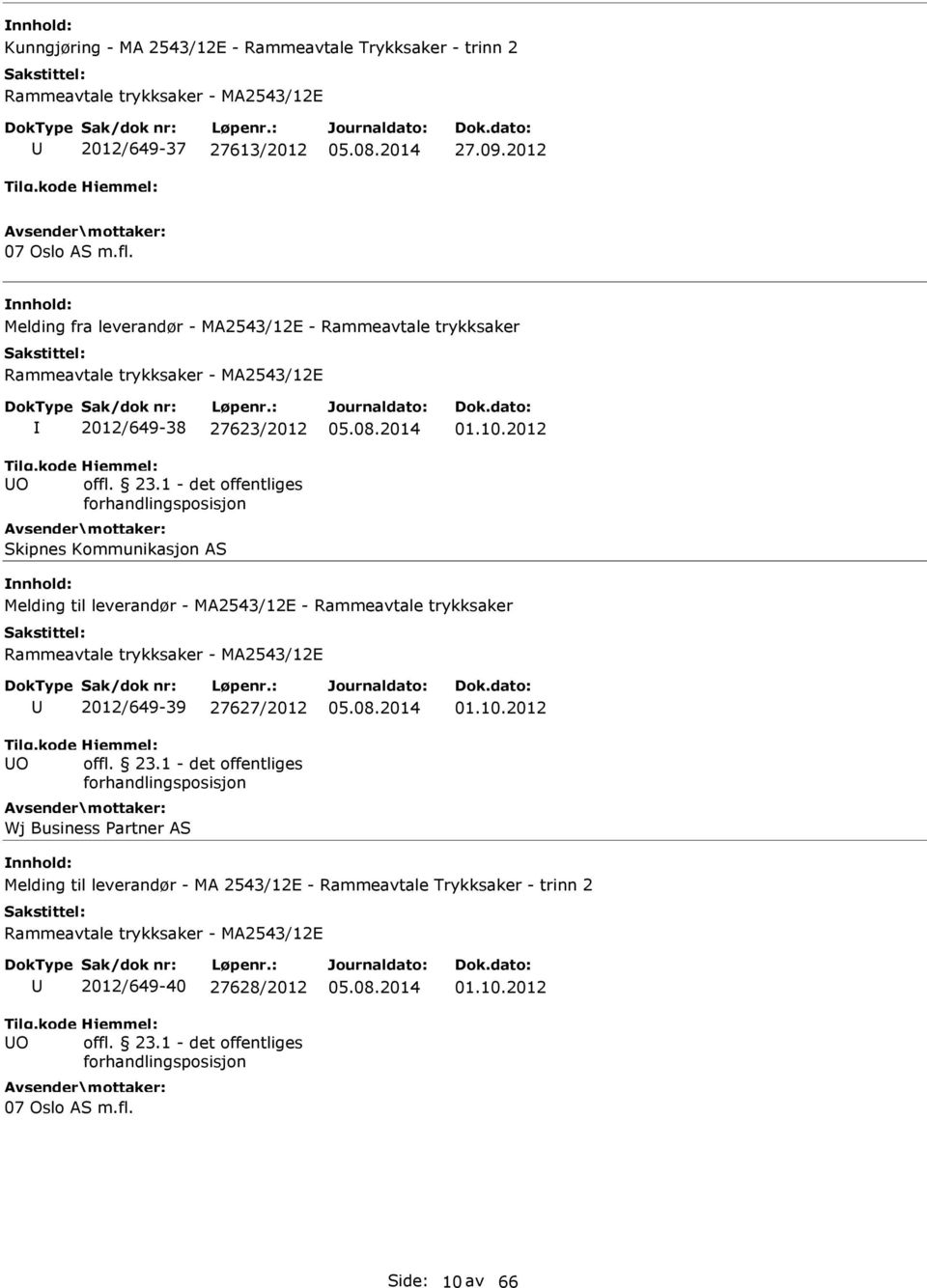 2012 Melding til leverandør - MA2543/12E - Rammeavtale trykksaker 2012/649-39 27627/2012 Wj Business Partner AS 01.10.