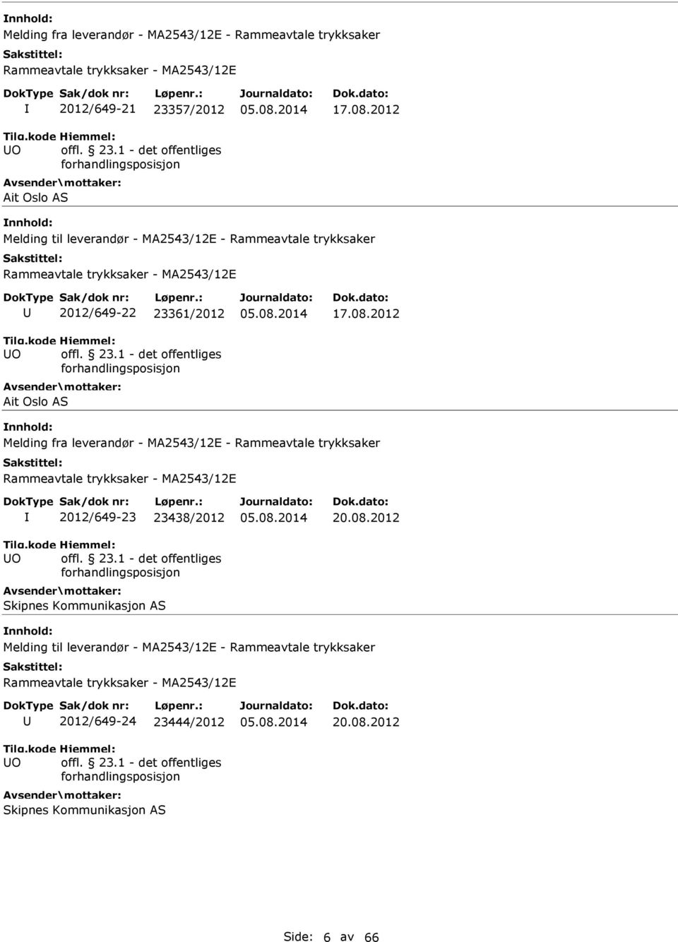 2012 Melding fra leverandør - MA2543/12E - Rammeavtale trykksaker 2012/649-23 23438/2012 Skipnes Kommunikasjon AS 20.