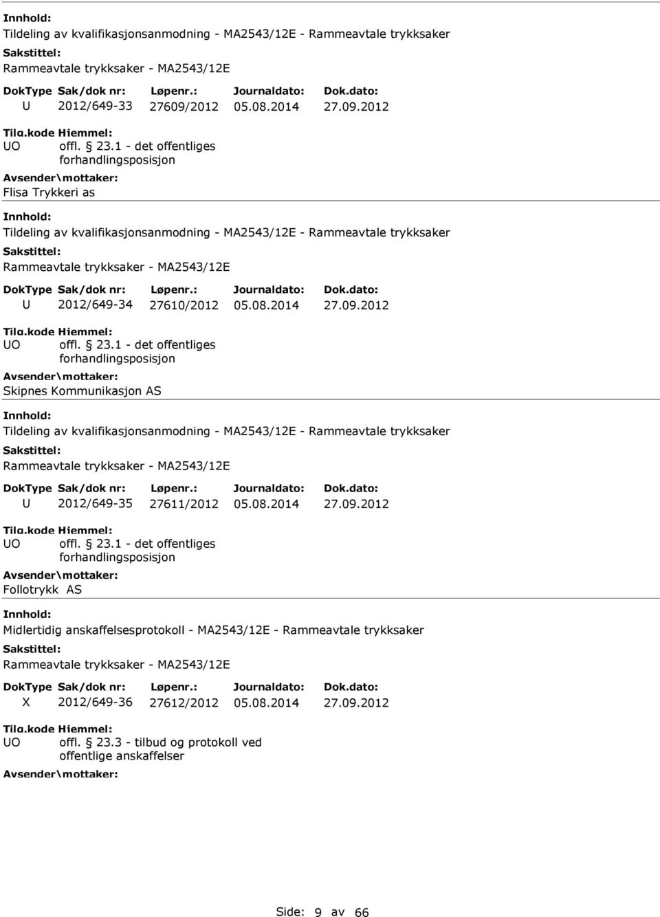 2012 Tildeling av kvalifikasjonsanmodning - MA2543/12E - Rammeavtale trykksaker 2012/649-34 27610/2012 Skipnes Kommunikasjon