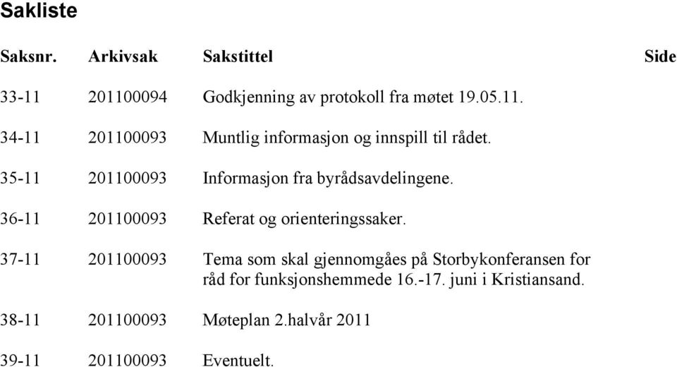 37-11 201100093 Tema som skal gjennomgåes på Storbykonferansen for råd for funksjonshemmede 16.-17.