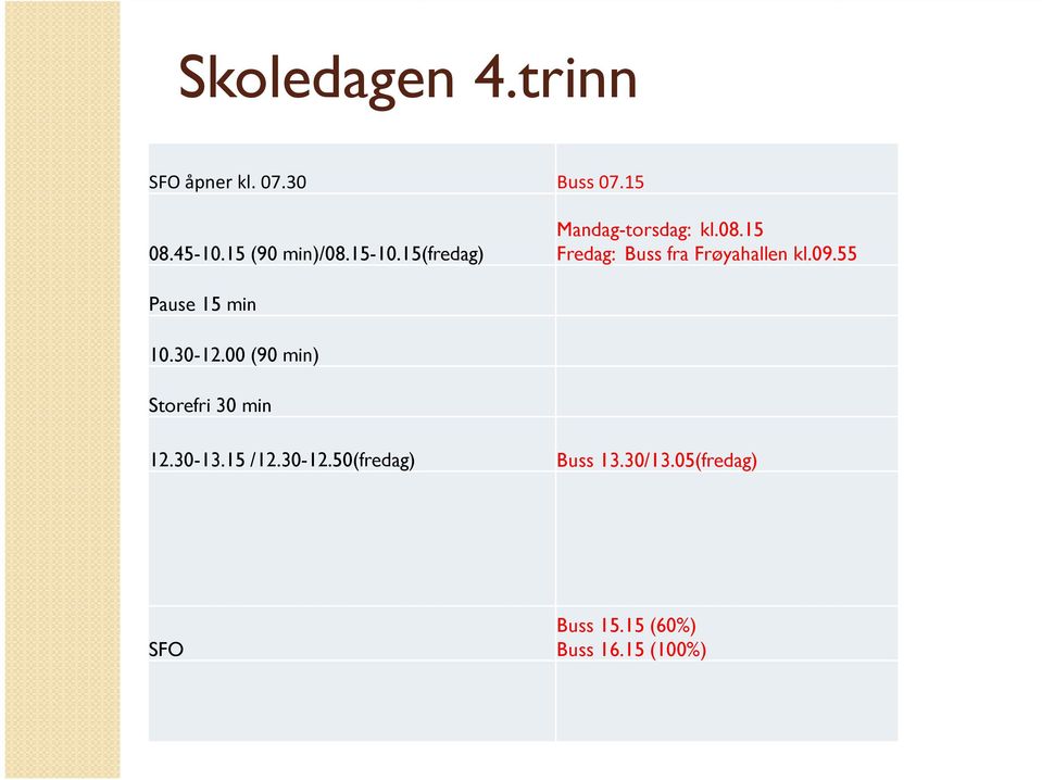 09.55 Pause 15 min 10.30-12.00 (90 min) Storefri 30 min 12.30-13.15 /12.