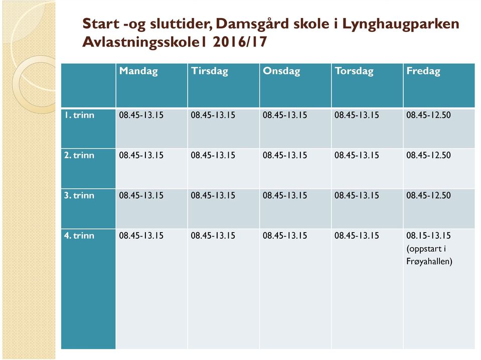 trinn 08.45-13.15 08.45-13.15 08.45-13.15 08.45-13.15 08.45-12.50 4. trinn 08.45-13.15 08.45-13.15 08.45-13.15 08.45-13.15 08.15-13.