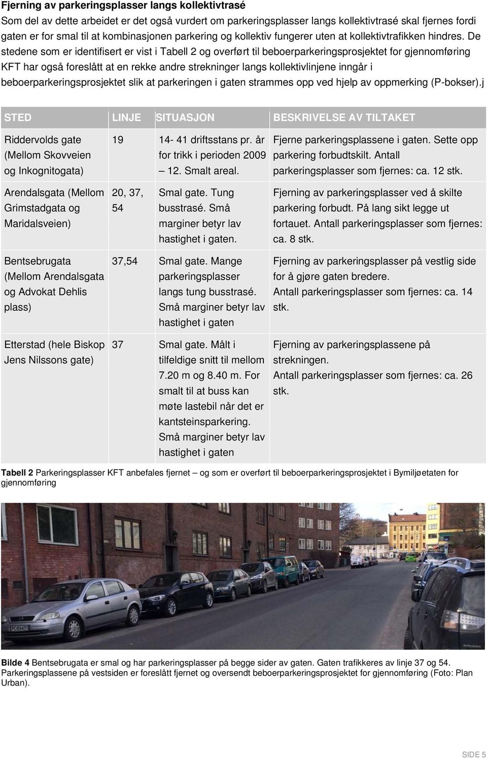 De stedene som er identifisert er vist i Tabell 2 og overført til beboerparkeringsprosjektet for gjennomføring KFT har også foreslått at en rekke andre strekninger langs kollektivlinjene inngår i