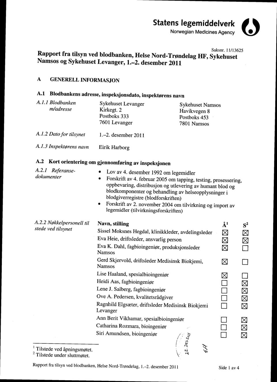 2 Havikvegen 8 Postboks 333 Postboks 453 7601 Levanger 7801 Namsos A. 1.2 Dato for tilsynet 1.-2. desember 2011 A.L 3 InspektØrens navn A.2 Kort orientering om gjennomføring av inspeksjonen A.2.1 Referansedokumenter Lov av 4.