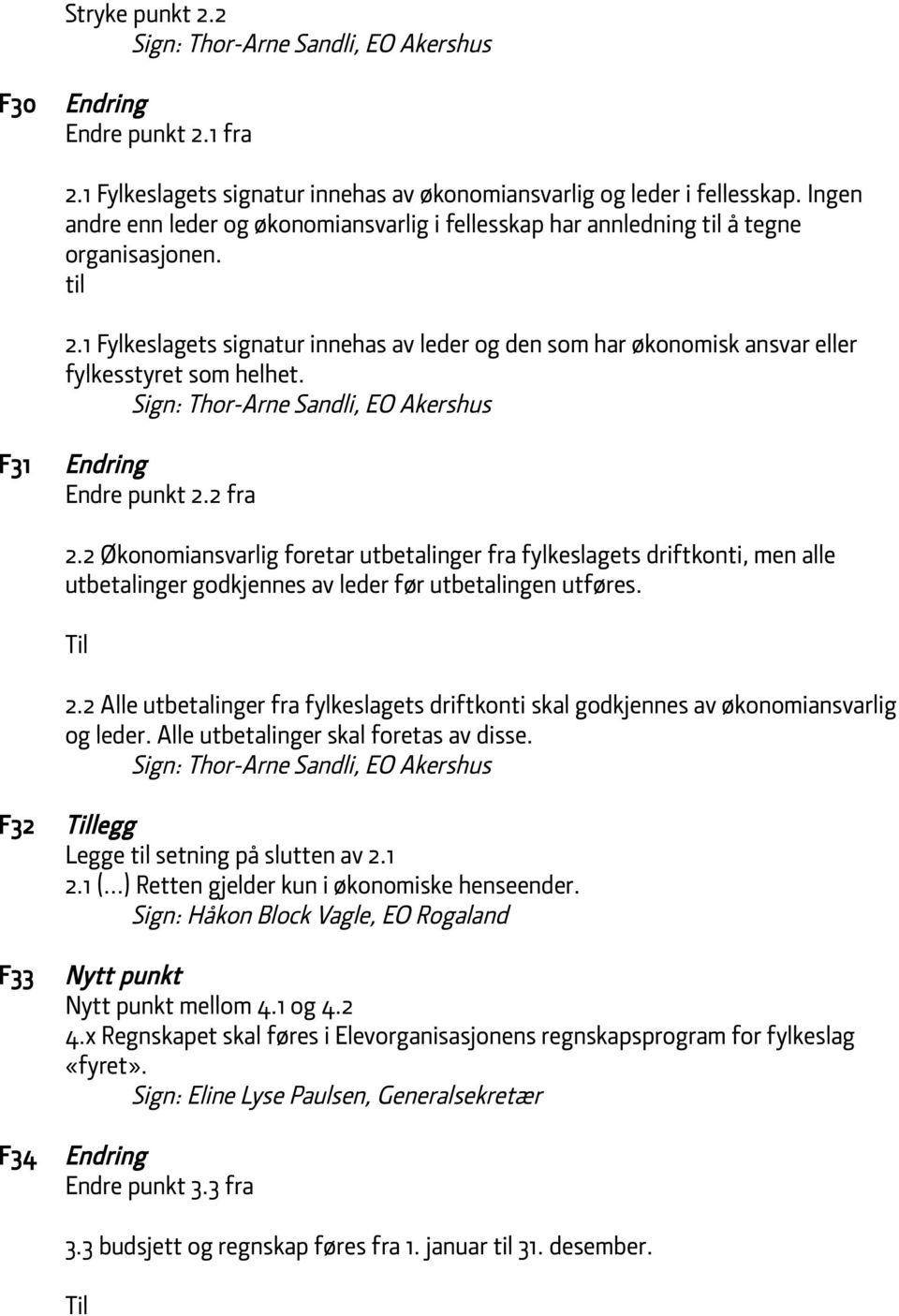 1 Fylkeslagets signatur innehas av leder og den som har økonomisk ansvar eller fylkesstyret som helhet. Sign: Thor-Arne Sandli, EO Akershus F31 Endring Endre punkt 2.2 fra 2.