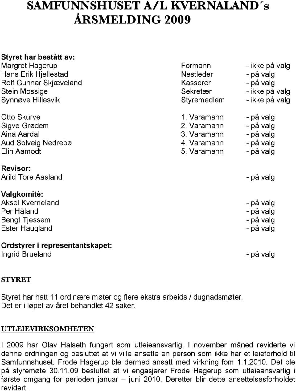 Varamann Revisor: Arild Tore Aasland Valgkomitè: Aksel Kverneland Per Håland Bengt Tjessem Ester Haugland Ordstyrer i representantskapet: Ingrid Brueland STYRET Styret har hatt 11 ordinære møter og