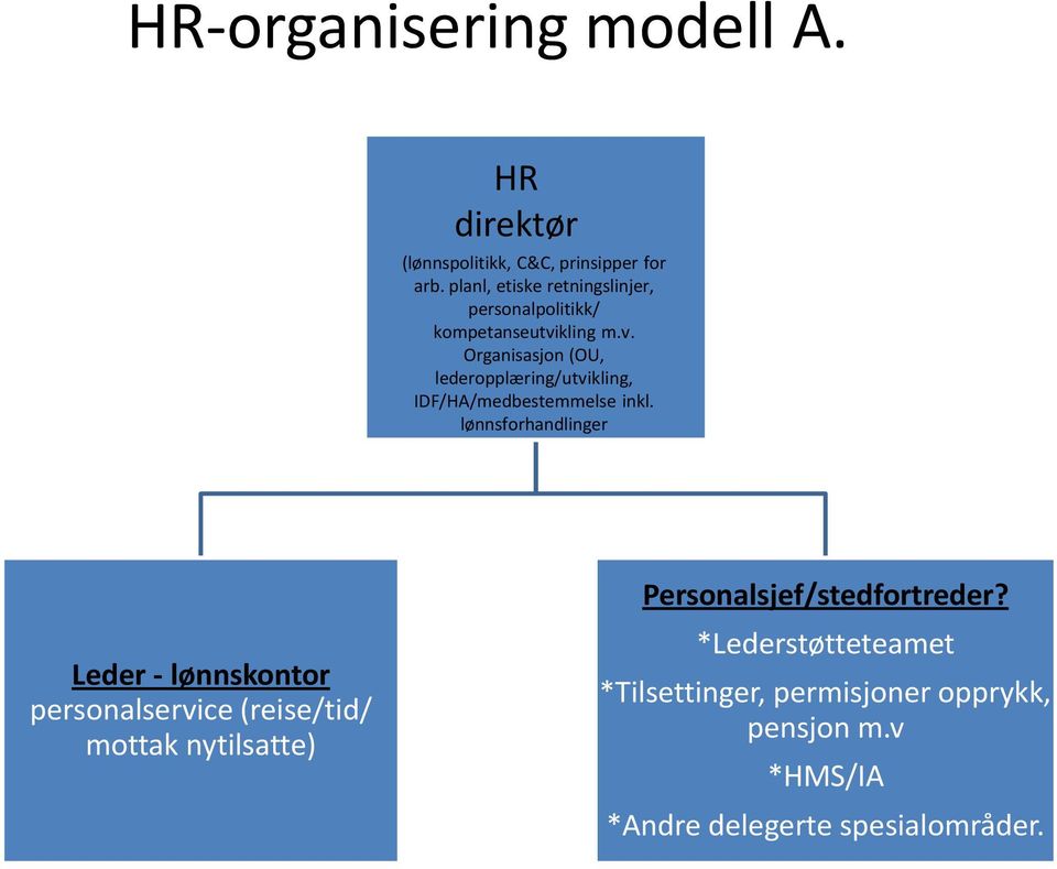 kling m.v. Organisasjon (OU, lederopplæring/utvikling, IDF/HA/medbestemmelse inkl.