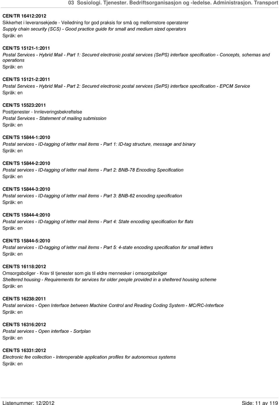 operators CEN/TS 15121-1:2011 Postal Services - Hybrid Mail - Part 1: Secured electronic postal services (SePS) interface specification - Concepts, schemas and operations CEN/TS 15121-2:2011 Postal