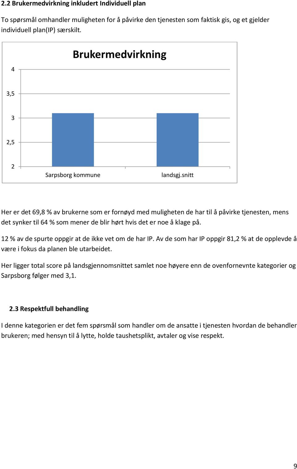 snitt Her er det 69,8 % av brukerne som er fornøyd med muligheten de har til å påvirke tjenesten, mens det synker til 64 % som mener de blir hørt hvis det er noe å klage på.