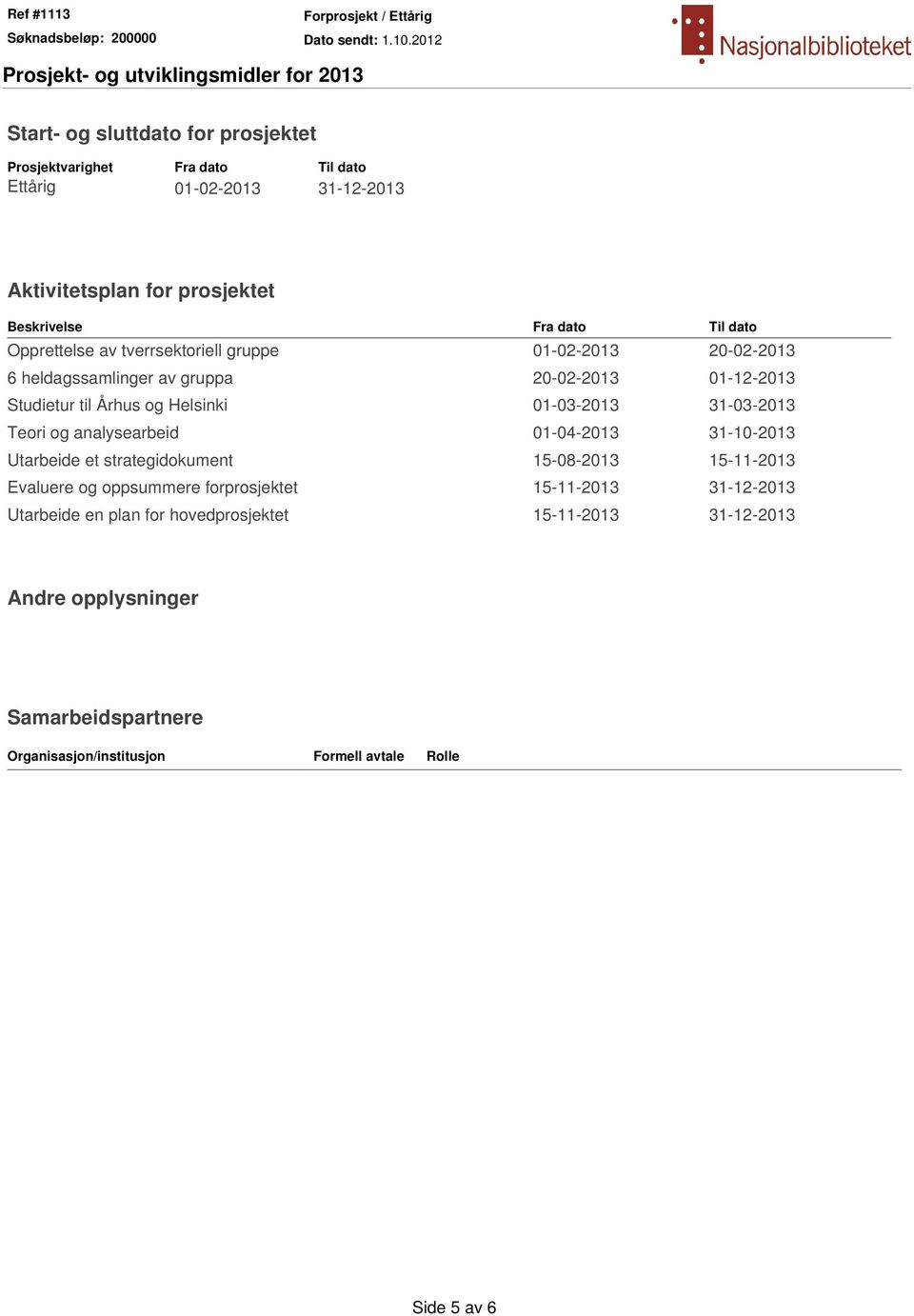 31-03-2013 Teori og analysearbeid 01-04-2013 31-10-2013 Utarbeide et strategidokument 15-08-2013 15-11-2013 Evaluere og oppsummere forprosjektet 15-11-2013