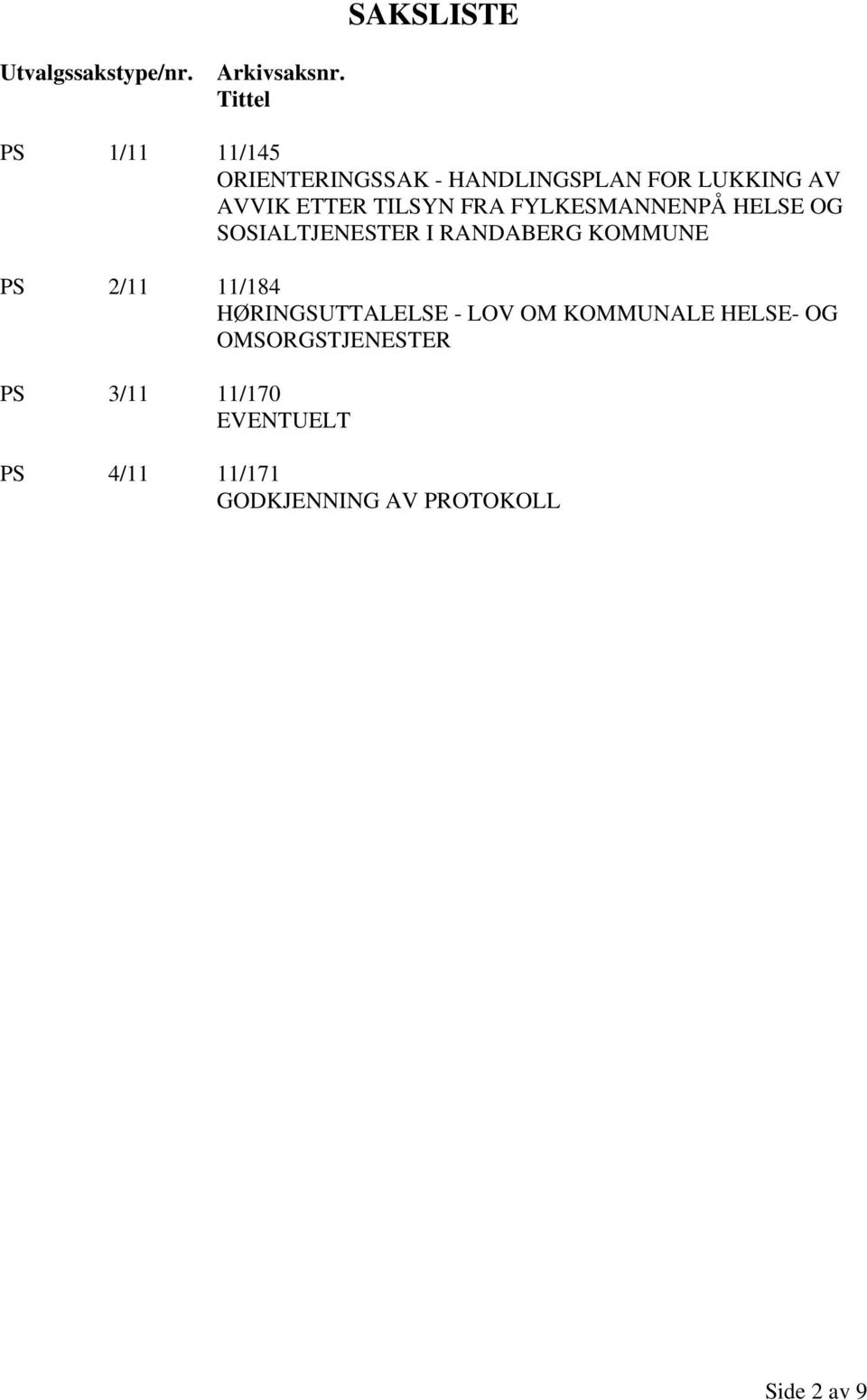 FRA FYLKESMANNENPÅ HELSE OG SOSIALTJENESTER I RANDABERG KOMMUNE PS 2/11 11/184