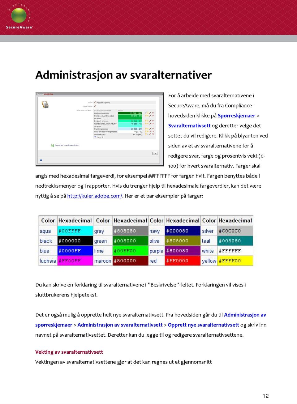 Farger skal angis med hexadesimal fargeverdi, for eksempel ##FFFFFF for fargen hvit. Fargen benyttes både i nedtrekksmenyer og i rapporter.