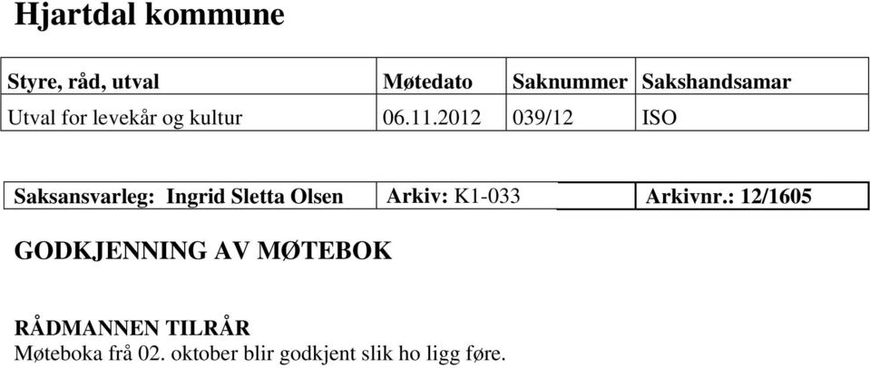 2012 039/12 ISO Saksansvarleg: Ingrid Sletta Olsen Arkiv: K1-033
