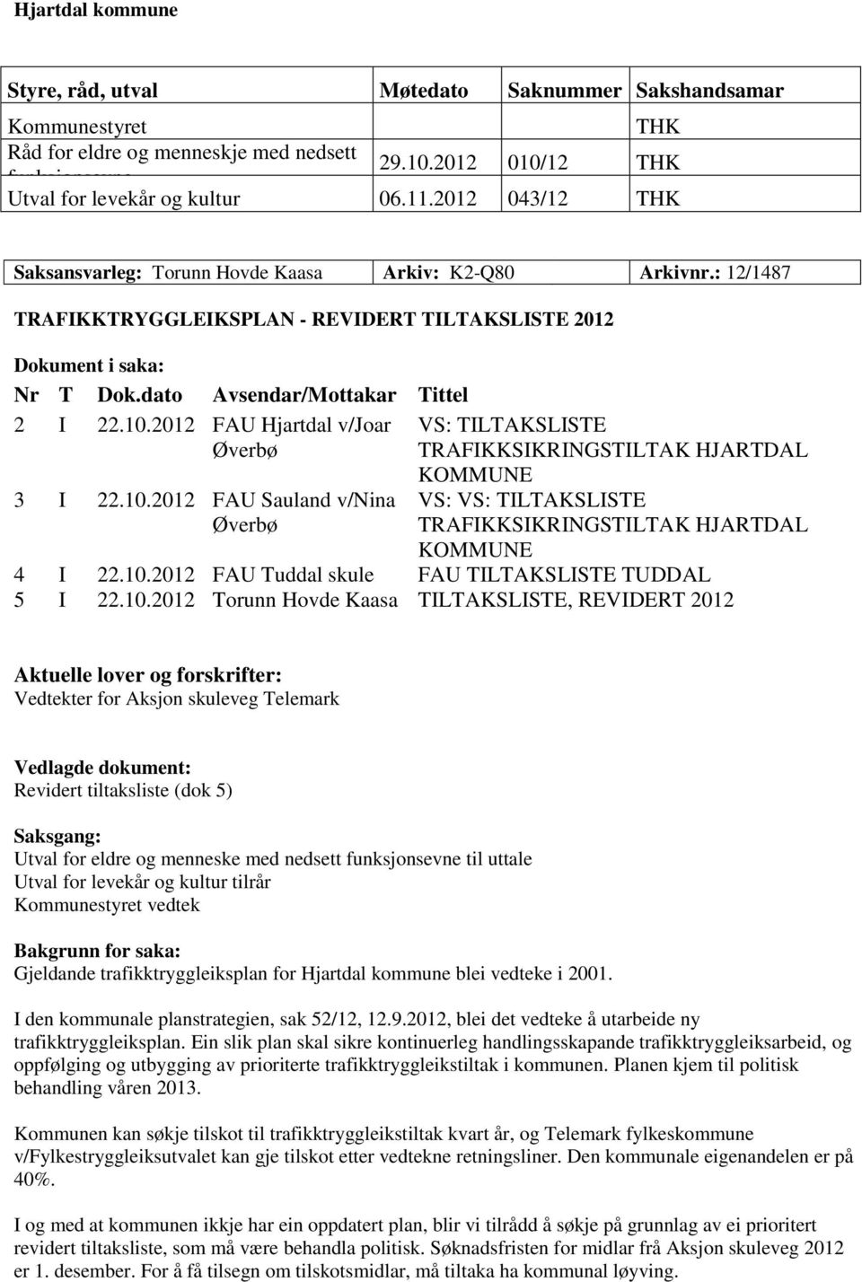 2012 FAU Hjartdal v/joar Øverbø VS: TILTAKSLISTE TRAFIKKSIKRINGSTILTAK HJARTDAL 3 I 22.10.2012 FAU Sauland v/nina Øverbø KOMMUNE VS: VS: TILTAKSLISTE TRAFIKKSIKRINGSTILTAK HJARTDAL KOMMUNE 4 I 22.10.2012 FAU Tuddal skule FAU TILTAKSLISTE TUDDAL 5 I 22.