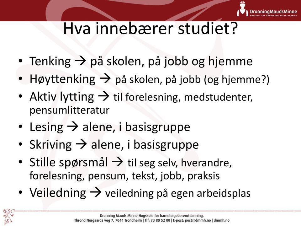 ) Aktiv lytting til forelesning, medstudenter, pensumlitteratur Lesing alene, i