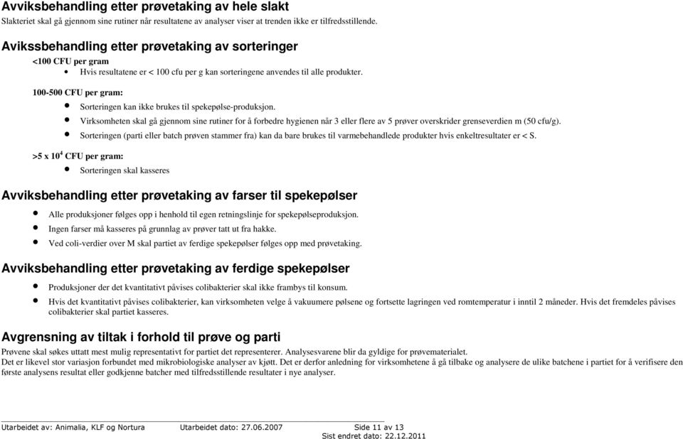 100-500 CFU per gram: Sorteringen kan ikke brukes til spekepølse-produksjon.