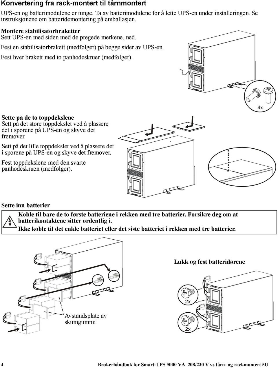 Sette på de to toppdekslene Sett på det store toppdekslet ved å plassere det i sporene på UPS-en og skyve det fremover.