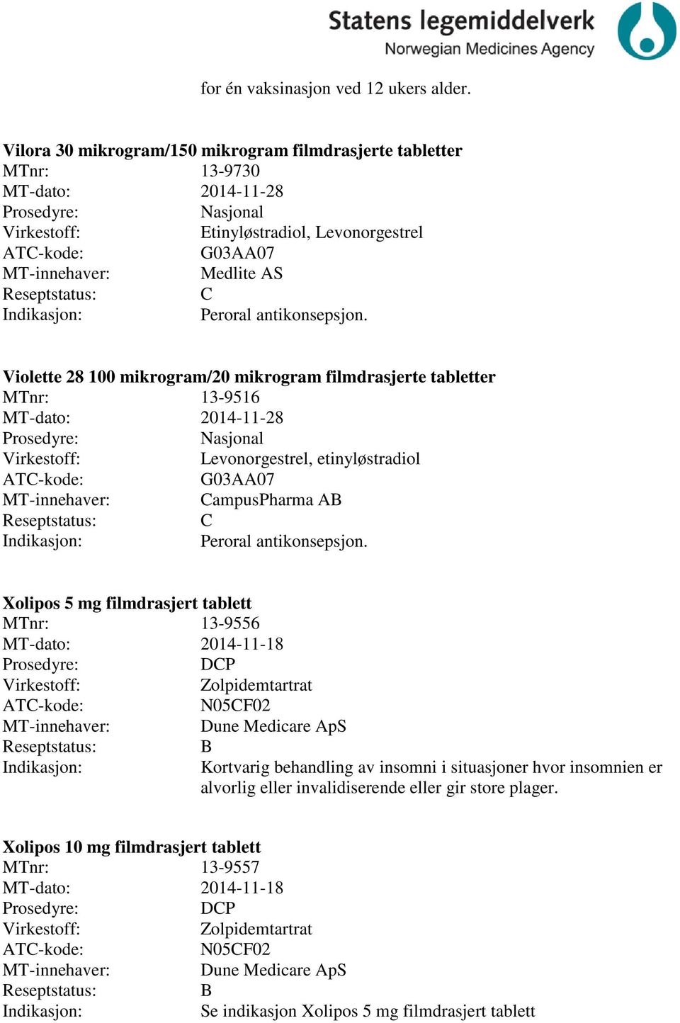 Violette 28 100 mikrogram/20 mikrogram filmdrasjerte tabletter MTnr: 13-9516 MT-dato: 2014-11-28 Levonorgestrel, etinyløstradiol G03AA07 ampuspharma AB Peroral antikonsepsjon.