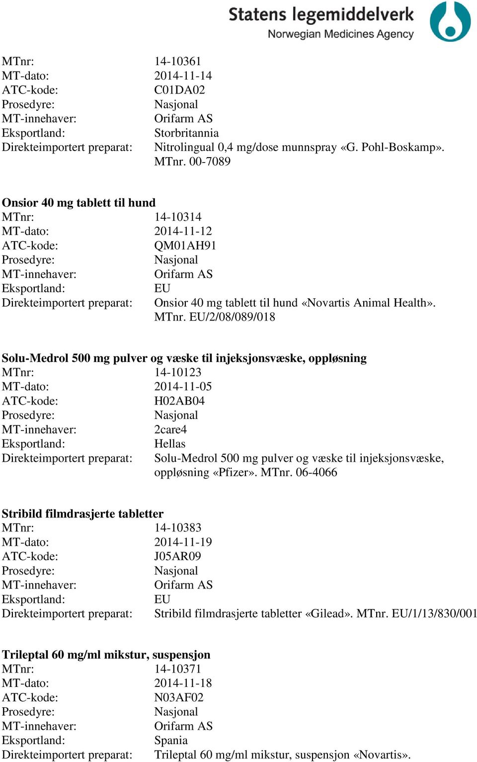 14-10314 MT-dato: 2014-11-12 QM01AH91 Direkteimportert preparat: EU Onsior 40 mg tablett til hund «Novartis Animal Health». MTnr.