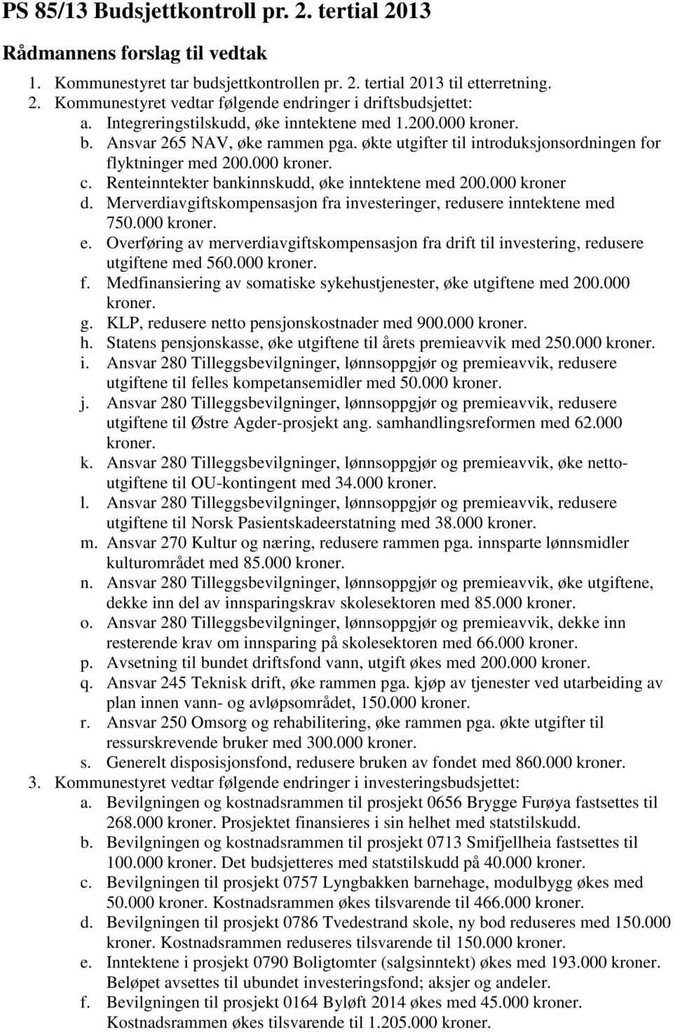 Renteinntekter bankinnskudd, øke inntektene med 200.000 kroner d. Merverdiavgiftskompensasjon fra investeringer, redusere inntektene med 750.000 kroner. e.