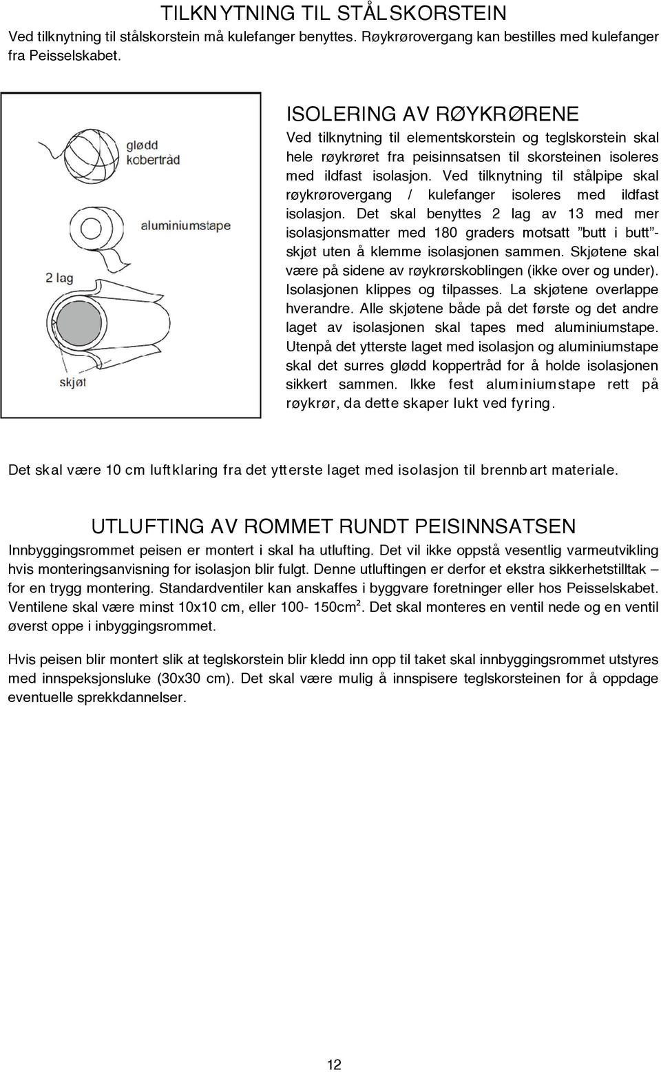 Ved tilknytning til stålpipe skal røykrørovergang / kulefanger isoleres med ildfast isolasjon.