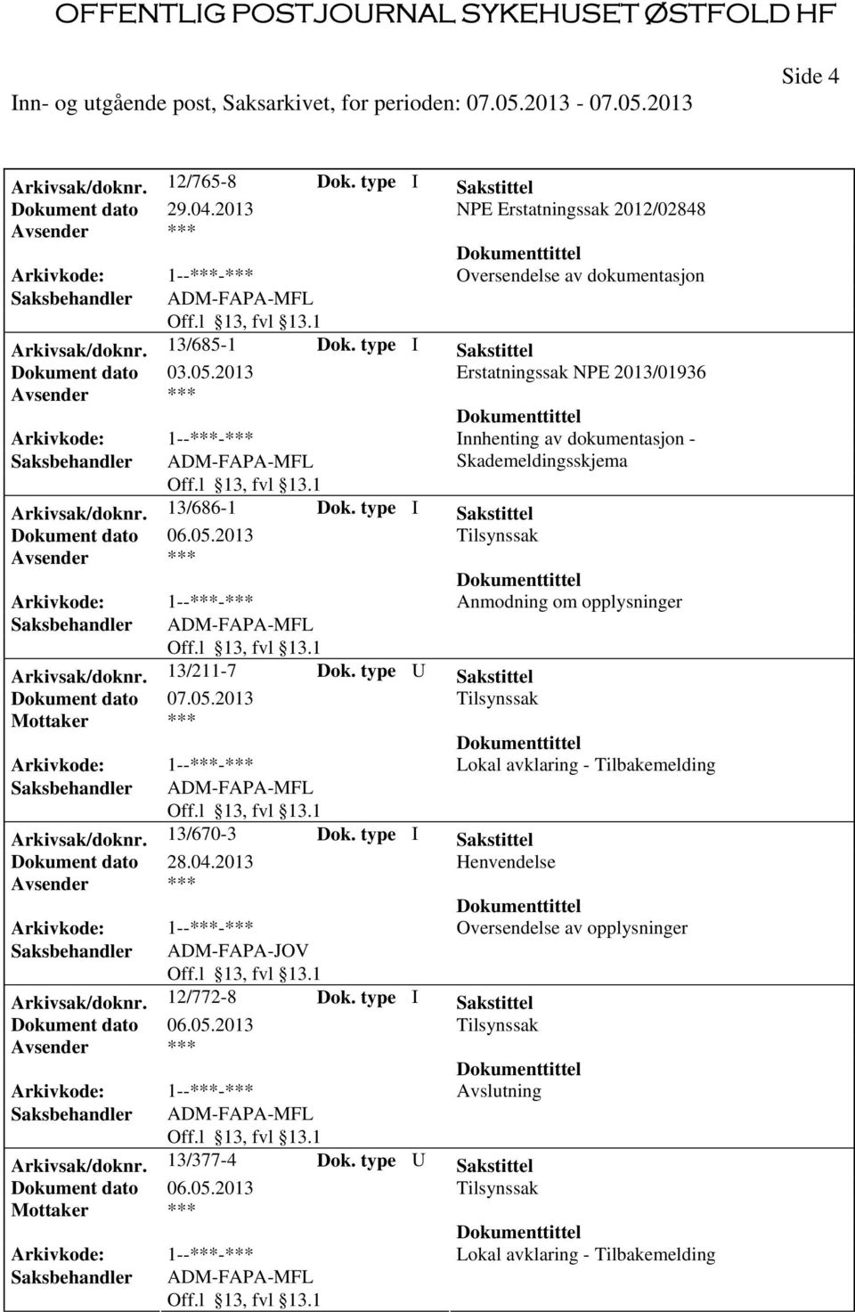 type I Sakstittel Anmodning om opplysninger Arkivsak/doknr. 13/211-7 Dok. type U Sakstittel Dokument dato 07.05.