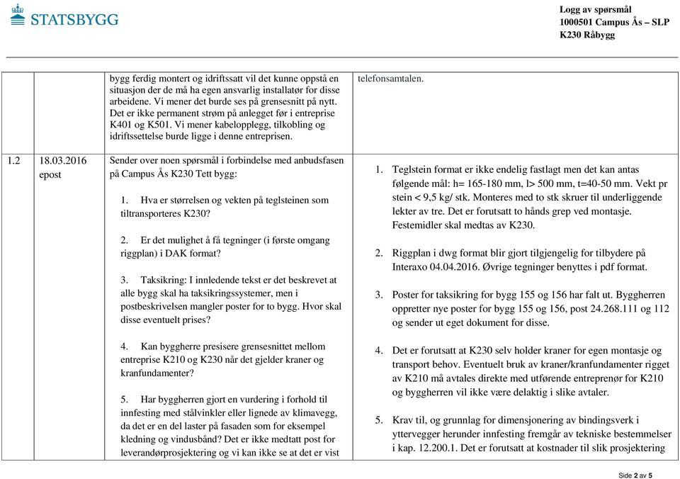 Sender over noen spørsmål i forbindelse med anbudsfasen på Campus Ås K230 Tett bygg: 1. Hva er størrelsen og vekten på teglsteinen som tiltransporteres K230? 2.