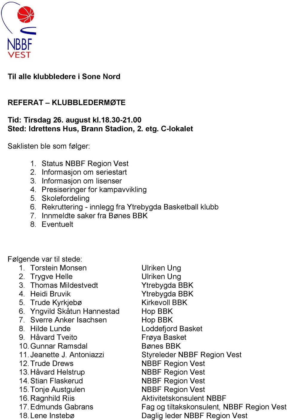 Innmeldte saker fra Bønes BBK 8. Eventuelt Følgende var til stede: 1. Torstein Monsen Ulriken Ung 2. Trygve Helle Ulriken Ung 3. Thomas Mildestvedt Ytrebygda BBK 4. Heidi Bruvik Ytrebygda BBK 5.