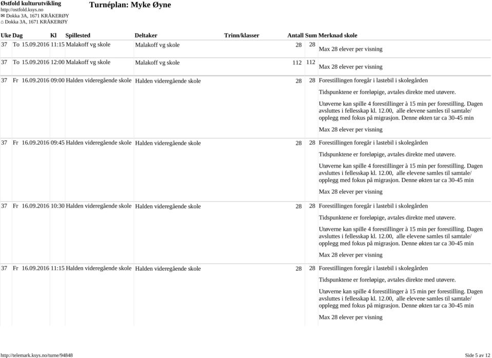 09.2016 11:15 Halden videregående skole Halden videregående skole 28 28 Forestillingen foregår i lastebil i skolegården http://telemark.ksys.no/turne/94848 Side 5 av 12