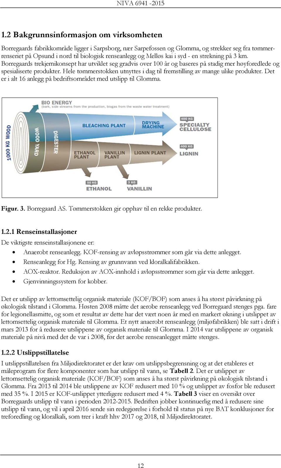 Hele tømmerstokken utnyttes i dag til fremstilling av mange ulike produkter. Det er i alt 16 anlegg på bedriftsområdet med utslipp til Glomma. Figur. 3. Borregaard AS.