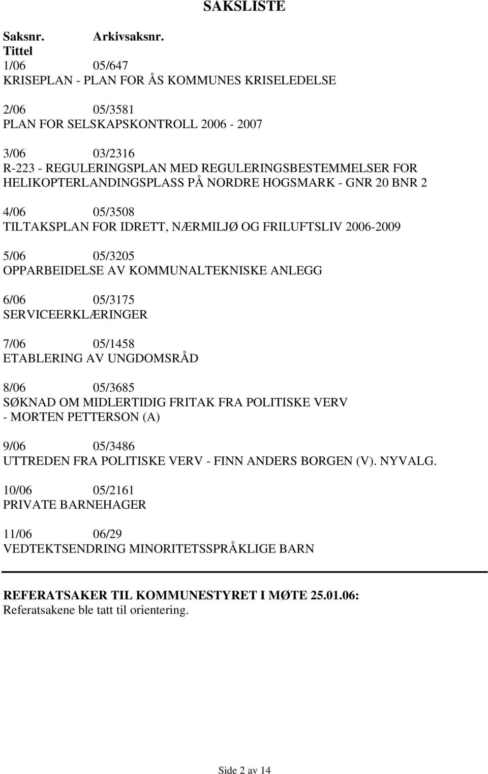 HELIKOPTERLANDINGSPLASS PÅ NORDRE HOGSMARK - GNR 20 BNR 2 4/06 05/3508 TILTAKSPLAN FOR IDRETT, NÆRMILJØ OG FRILUFTSLIV 2006-2009 5/06 05/3205 OPPARBEIDELSE AV KOMMUNALTEKNISKE ANLEGG 6/06 05/3175