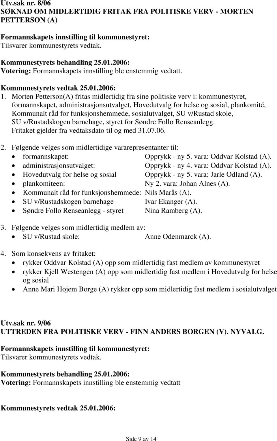 funksjonshemmede, sosialutvalget, SU v/rustad skole, SU v/rustadskogen barnehage, styret for Søndre Follo Renseanlegg. Fritaket gjelder fra vedtaksdato til og med 31.07.06. 2.