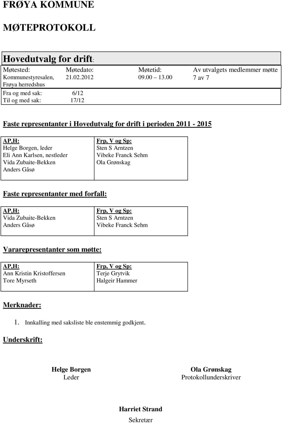 Sp: Sten S Arntzen Vibeke Franck Sehm Ola Grønskag Faste representanter med forfall: AP,H: Vida Zubaite-Bekken Anders Gåsø Frp, V og Sp: Sten S Arntzen Vibeke Franck Sehm Vararepresentanter som