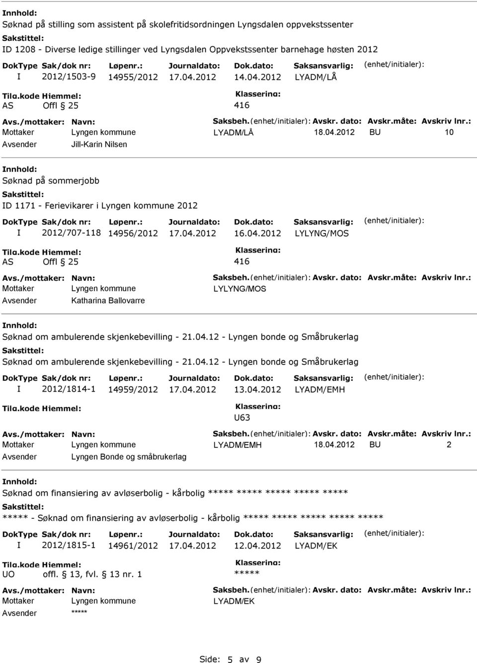 /mottaker: Navn: Saksbeh. Avskr. dato: Avskr.måte: Avskriv lnr.: Avsender Katharina Ballovarre nnhold: Søknad om ambulerende skjenkebevilling - 21.04.