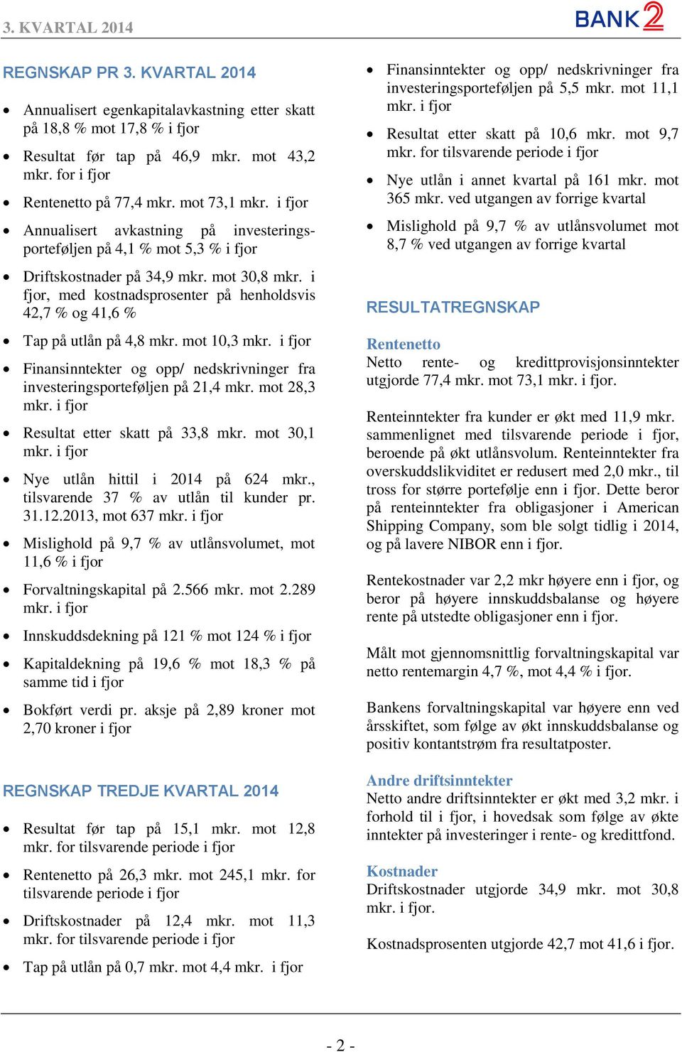 i fjor, med kostnadsprosenter på henholdsvis 42,7 % og 41,6 % Tap på utlån på 4,8 mkr. mot 10,3 mkr. i fjor Finansinntekter og opp/ nedskrivninger fra investeringsporteføljen på 21,4 mkr.