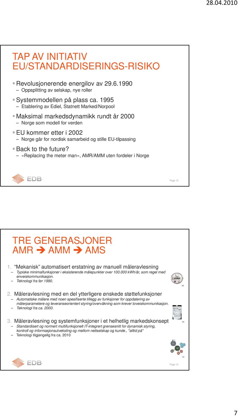 Back to the future? «Replacing the meter man», AMR/AMM uten fordeler i Norge Page 13 TRE GENERASJONER AMR AMM AMS 1.