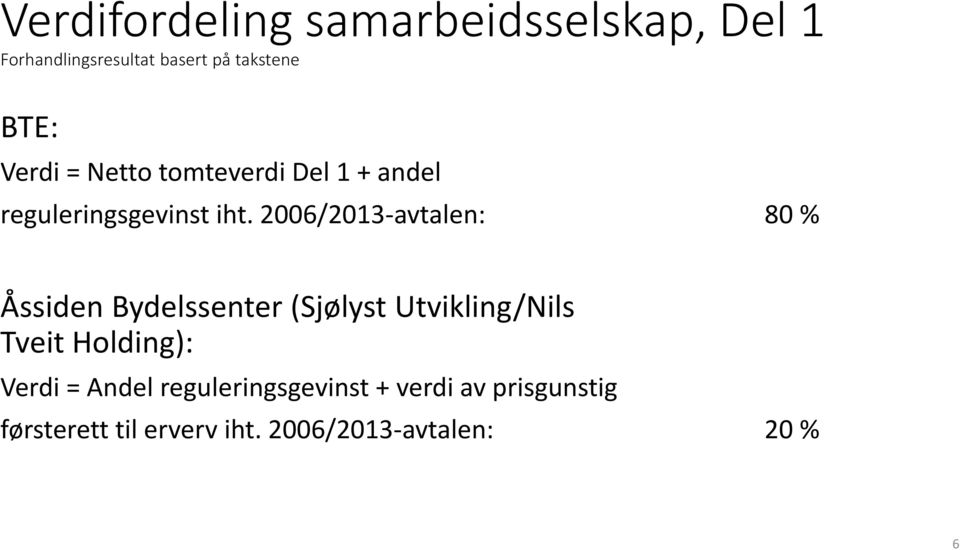2006/2013-avtalen: 80 % Åssiden Bydelssenter (Sjølyst Utvikling/Nils Tveit Holding):